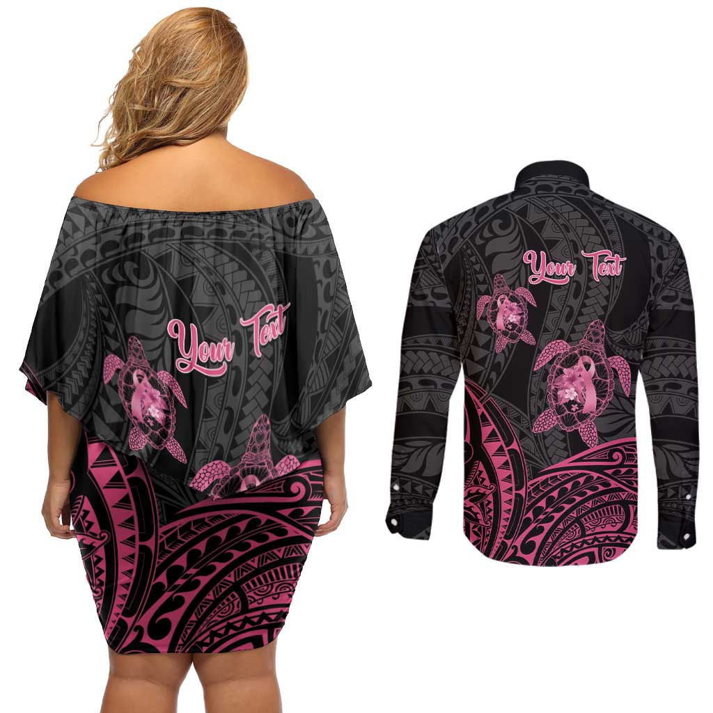 Personalised Polynesia Breast Cancer Awareness Couples Matching Off Shoulder Short Dress and Long Sleeve Button Shirt No One Fights Alone Turtle Ribbon - Black Version LT14 - Polynesian Pride