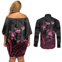 Personalised Polynesia Breast Cancer Awareness Couples Matching Off Shoulder Short Dress and Long Sleeve Button Shirt No One Fights Alone Turtle Ribbon - Black Version LT14 - Polynesian Pride