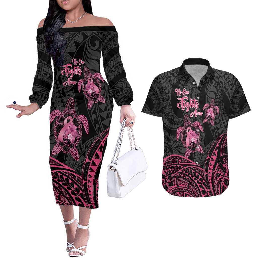 Personalised Polynesia Breast Cancer Awareness Couples Matching Off The Shoulder Long Sleeve Dress and Hawaiian Shirt No One Fights Alone Turtle Ribbon - Black Version LT14 Black - Polynesian Pride
