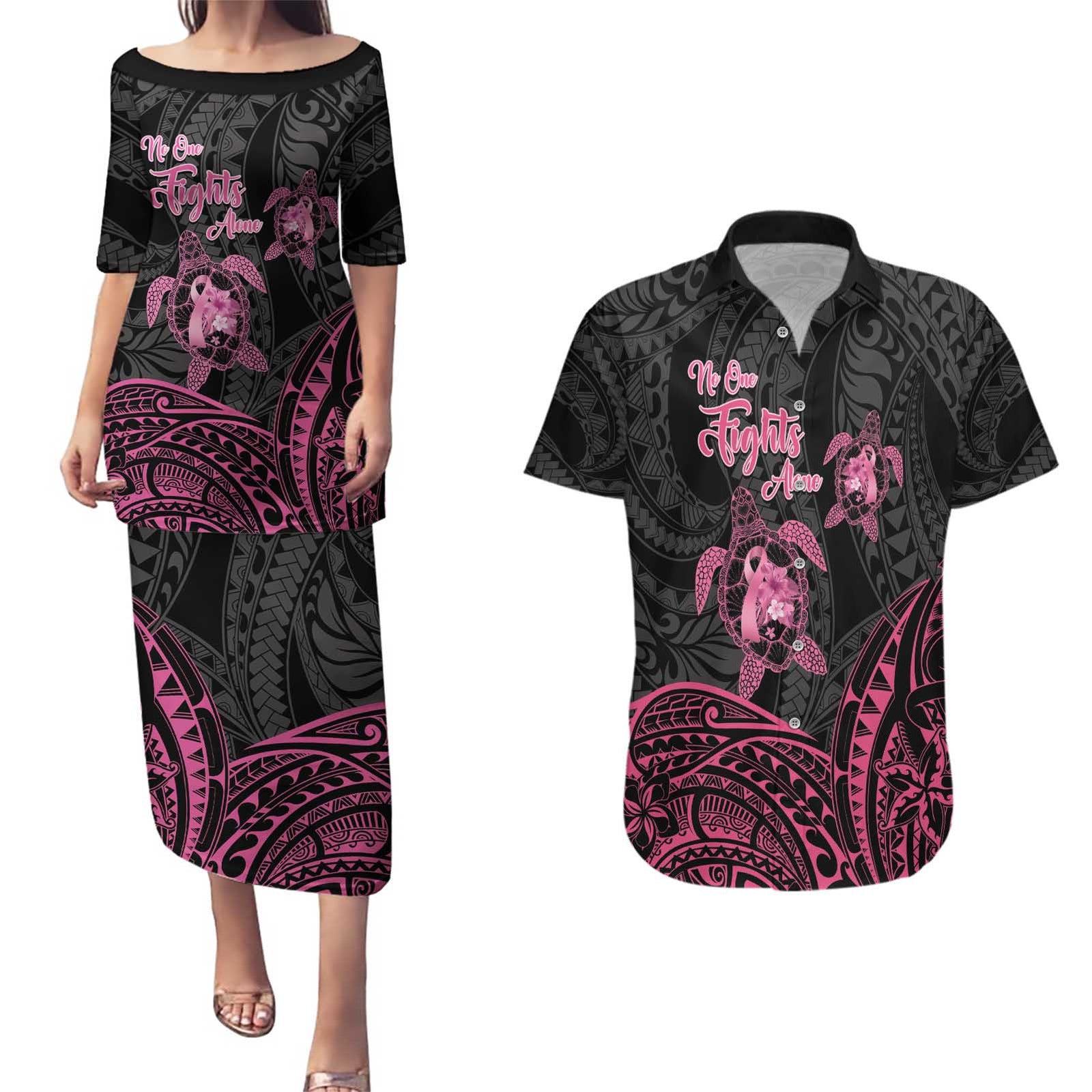 Personalised Polynesia Breast Cancer Awareness Couples Matching Puletasi and Hawaiian Shirt No One Fights Alone Turtle Ribbon - Black Version LT14 Black - Polynesian Pride