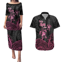 Personalised Polynesia Breast Cancer Awareness Couples Matching Puletasi and Hawaiian Shirt No One Fights Alone Turtle Ribbon - Black Version LT14 Black - Polynesian Pride