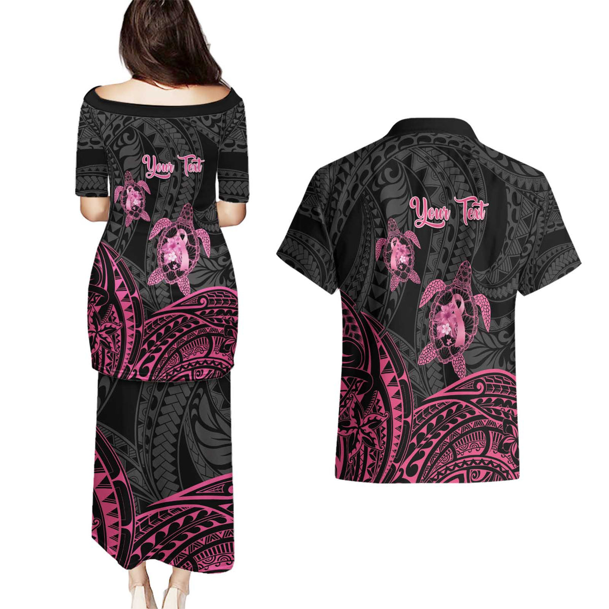 Personalised Polynesia Breast Cancer Awareness Couples Matching Puletasi and Hawaiian Shirt No One Fights Alone Turtle Ribbon - Black Version LT14 - Polynesian Pride