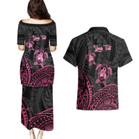 Personalised Polynesia Breast Cancer Awareness Couples Matching Puletasi and Hawaiian Shirt No One Fights Alone Turtle Ribbon - Black Version LT14 - Polynesian Pride
