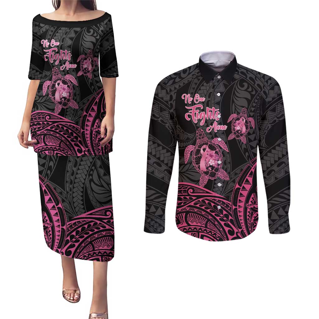 Personalised Polynesia Breast Cancer Awareness Couples Matching Puletasi and Long Sleeve Button Shirt No One Fights Alone Turtle Ribbon - Black Version LT14 Black - Polynesian Pride