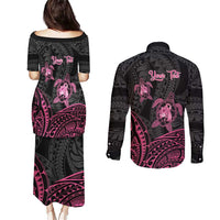 Personalised Polynesia Breast Cancer Awareness Couples Matching Puletasi and Long Sleeve Button Shirt No One Fights Alone Turtle Ribbon - Black Version LT14 - Polynesian Pride