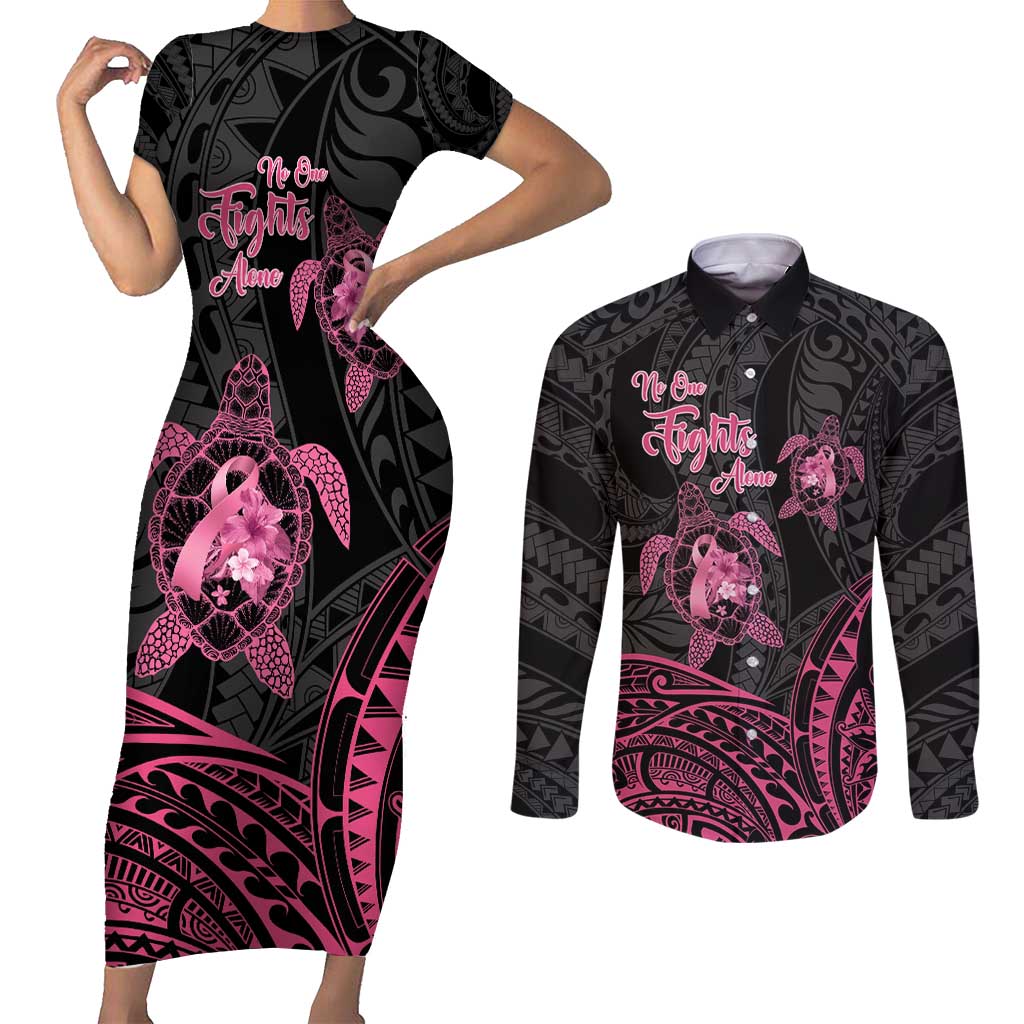 Personalised Polynesia Breast Cancer Awareness Couples Matching Short Sleeve Bodycon Dress and Long Sleeve Button Shirt No One Fights Alone Turtle Ribbon - Black Version LT14 Black - Polynesian Pride