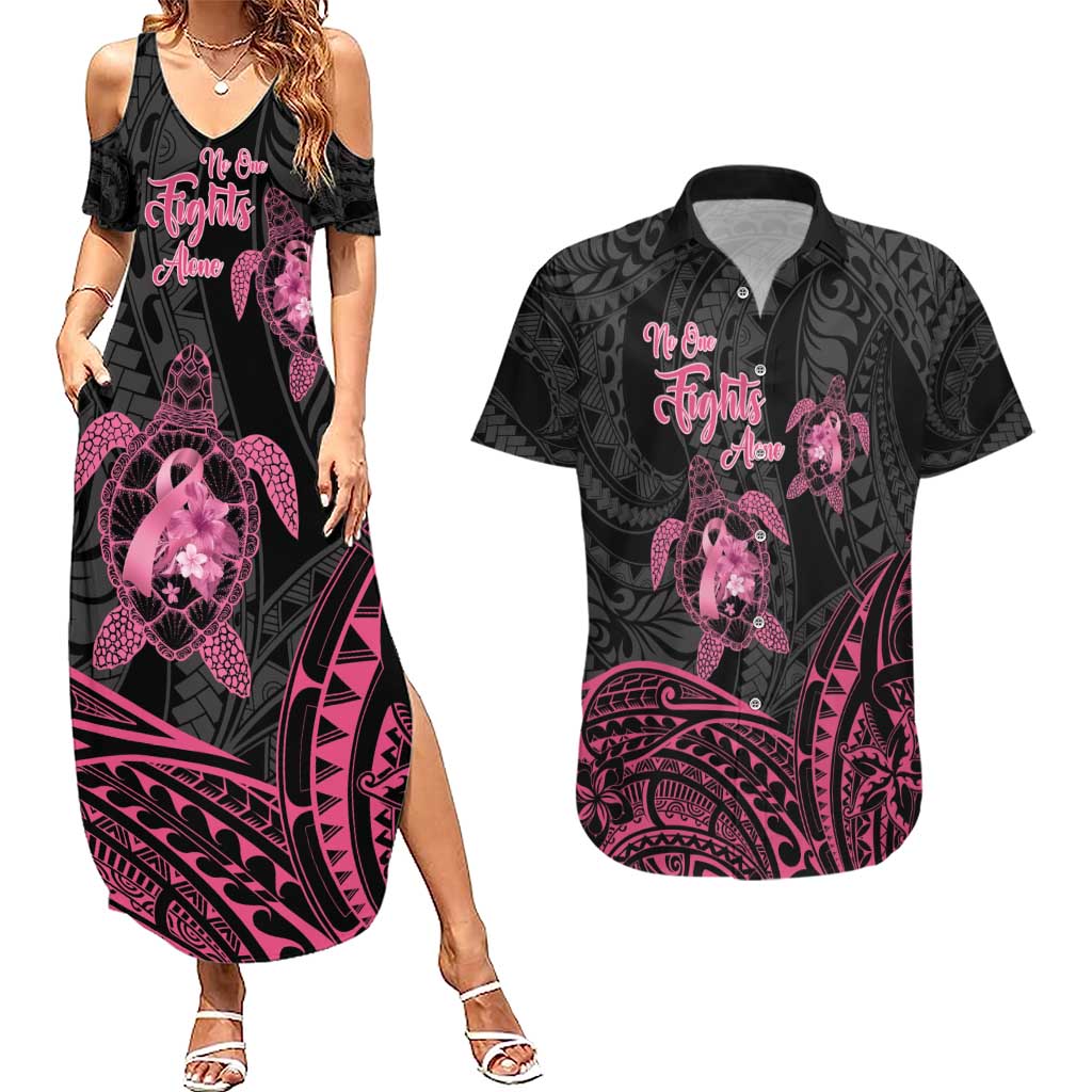 Personalised Polynesia Breast Cancer Awareness Couples Matching Summer Maxi Dress and Hawaiian Shirt No One Fights Alone Turtle Ribbon - Black Version LT14 Black - Polynesian Pride