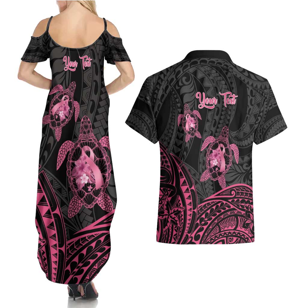 Personalised Polynesia Breast Cancer Awareness Couples Matching Summer Maxi Dress and Hawaiian Shirt No One Fights Alone Turtle Ribbon - Black Version LT14 - Polynesian Pride