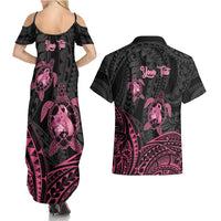 Personalised Polynesia Breast Cancer Awareness Couples Matching Summer Maxi Dress and Hawaiian Shirt No One Fights Alone Turtle Ribbon - Black Version LT14 - Polynesian Pride
