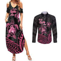 Personalised Polynesia Breast Cancer Awareness Couples Matching Summer Maxi Dress and Long Sleeve Button Shirt No One Fights Alone Turtle Ribbon - Black Version LT14 Black - Polynesian Pride
