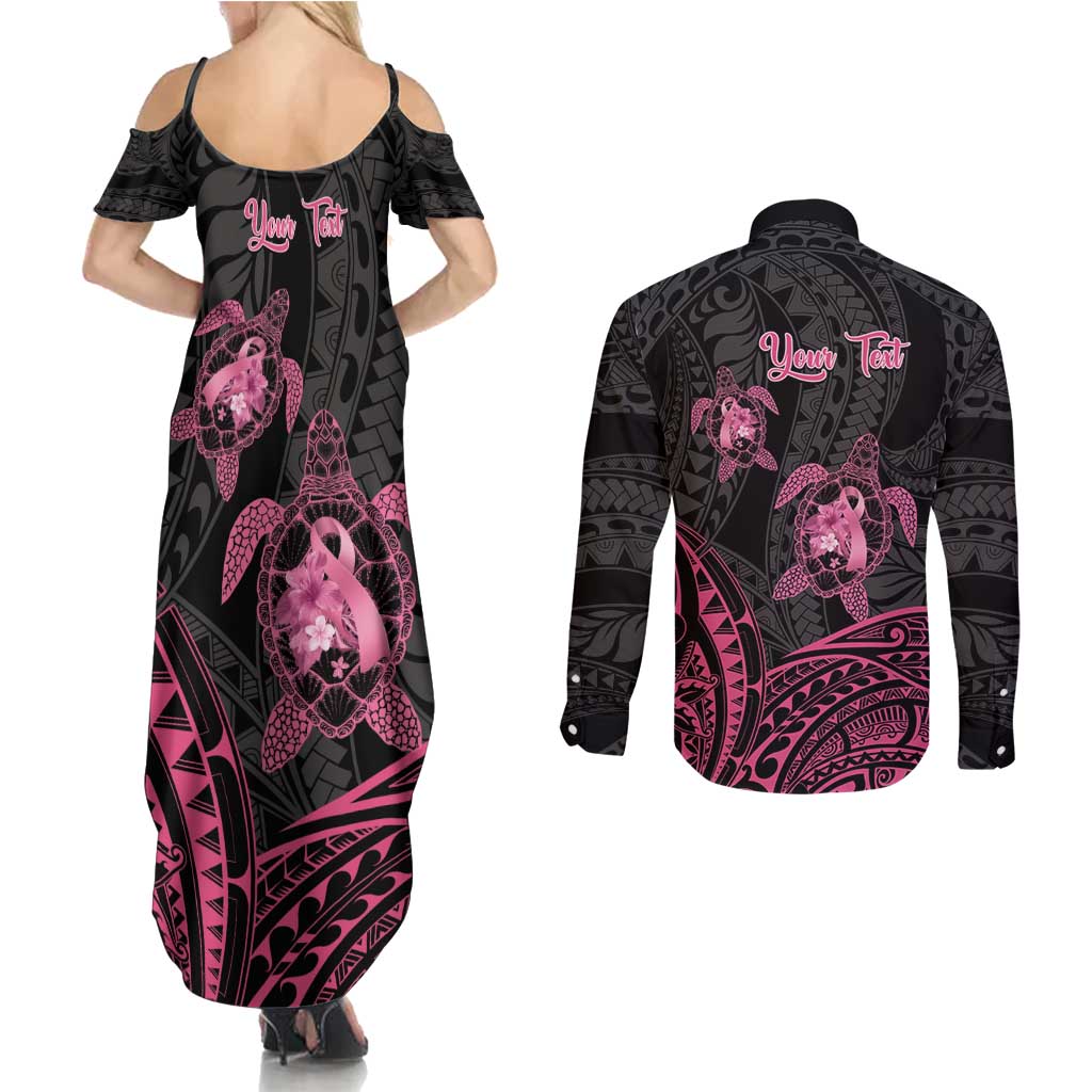 Personalised Polynesia Breast Cancer Awareness Couples Matching Summer Maxi Dress and Long Sleeve Button Shirt No One Fights Alone Turtle Ribbon - Black Version LT14 - Polynesian Pride