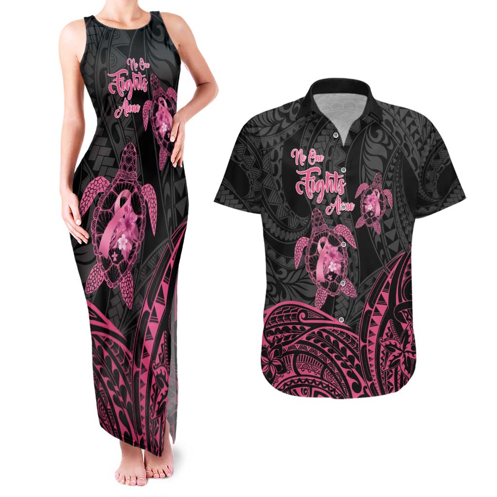 Personalised Polynesia Breast Cancer Awareness Couples Matching Tank Maxi Dress and Hawaiian Shirt No One Fights Alone Turtle Ribbon - Black Version LT14 Black - Polynesian Pride