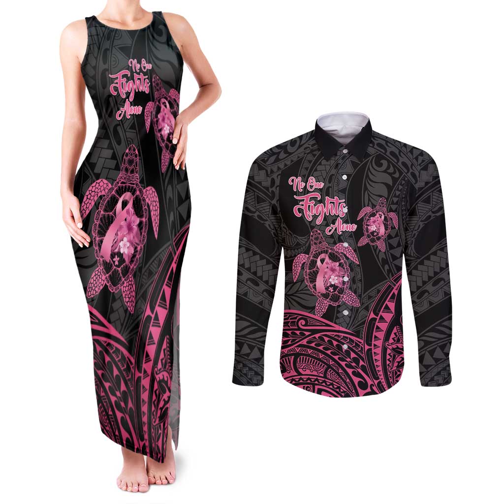 Personalised Polynesia Breast Cancer Awareness Couples Matching Tank Maxi Dress and Long Sleeve Button Shirt No One Fights Alone Turtle Ribbon - Black Version LT14 Black - Polynesian Pride
