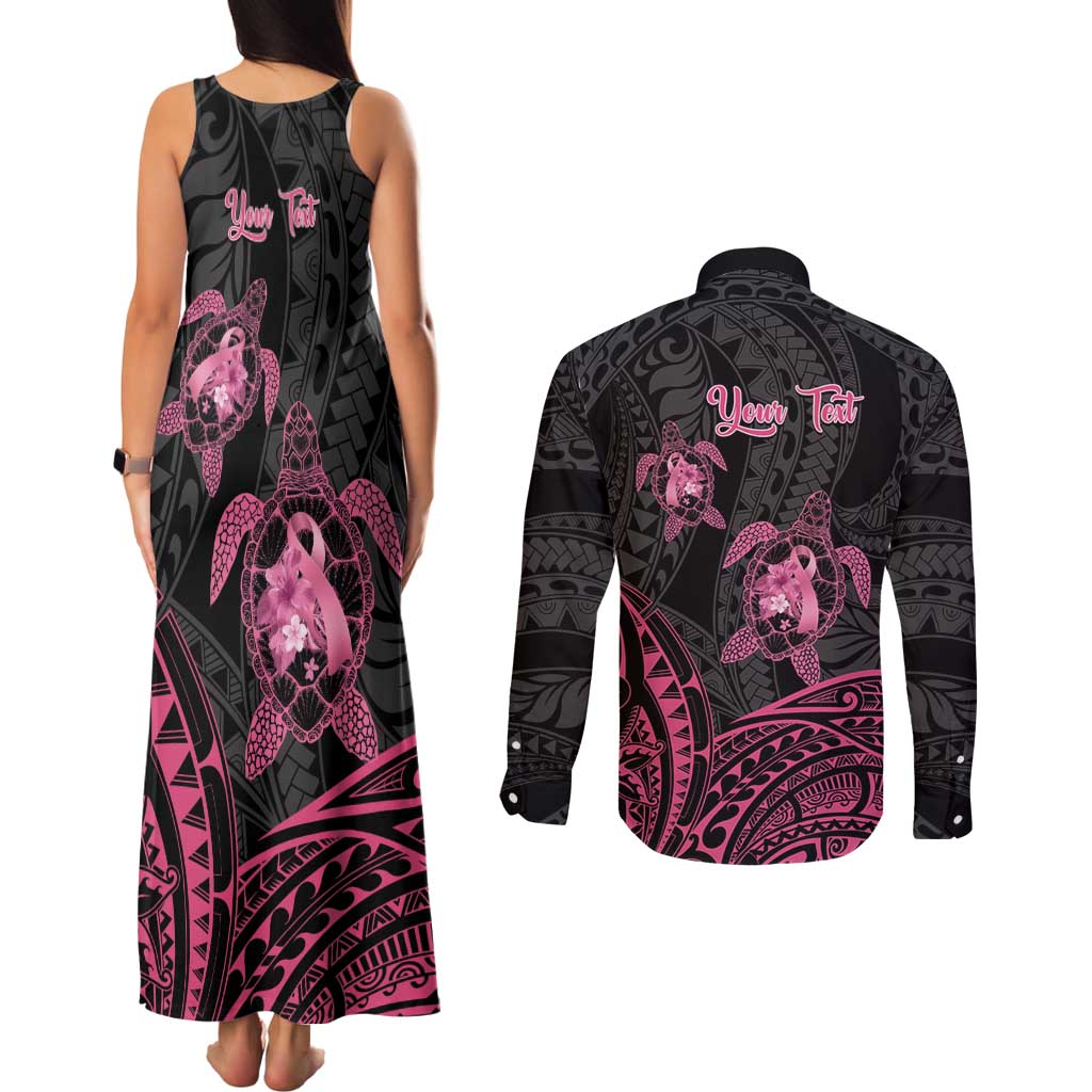 Personalised Polynesia Breast Cancer Awareness Couples Matching Tank Maxi Dress and Long Sleeve Button Shirt No One Fights Alone Turtle Ribbon - Black Version LT14 - Polynesian Pride