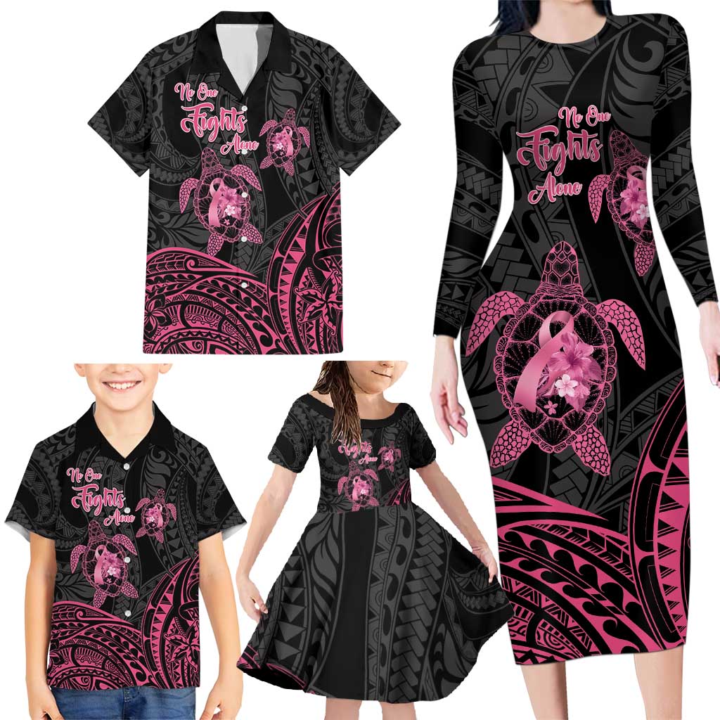 Personalised Polynesia Breast Cancer Awareness Family Matching Long Sleeve Bodycon Dress and Hawaiian Shirt No One Fights Alone Turtle Ribbon - Black Version