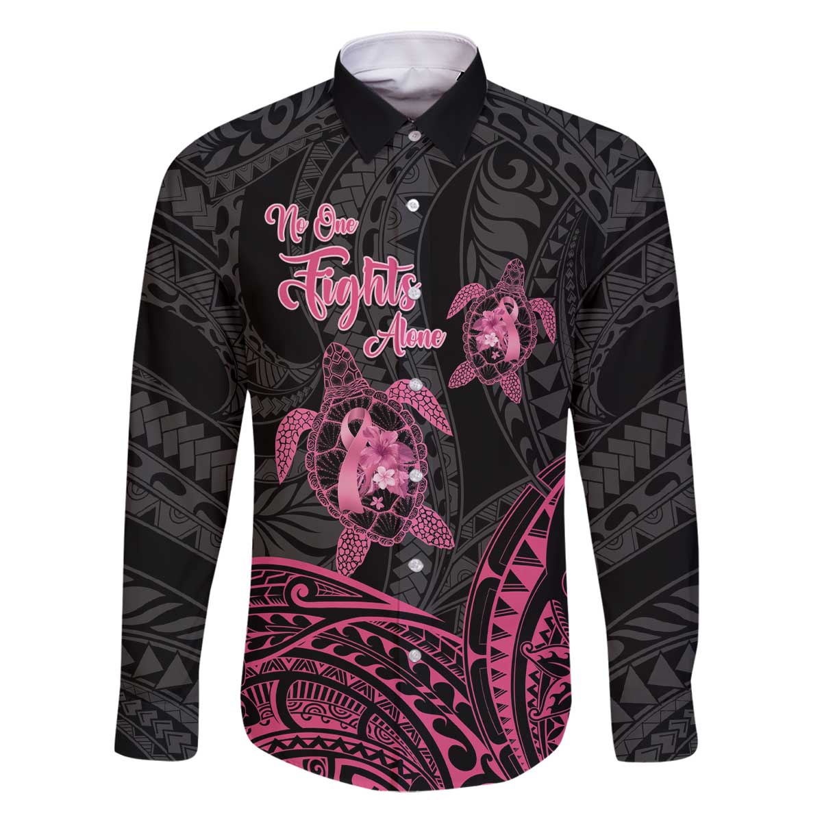 Personalised Polynesia Breast Cancer Awareness Family Matching Off Shoulder Short Dress and Hawaiian Shirt No One Fights Alone Turtle Ribbon - Black Version