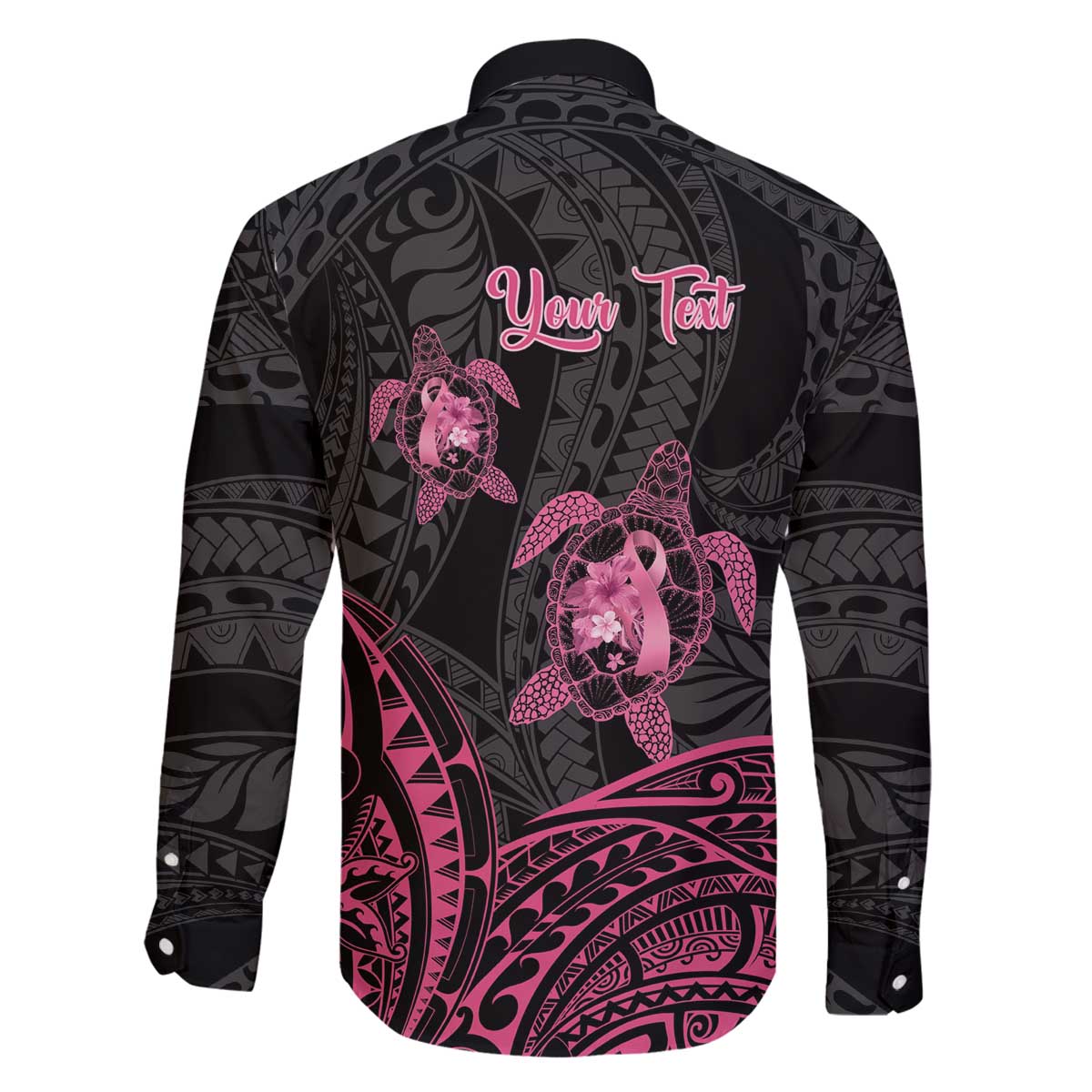 Personalised Polynesia Breast Cancer Awareness Family Matching Off Shoulder Short Dress and Hawaiian Shirt No One Fights Alone Turtle Ribbon - Black Version