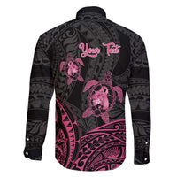Personalised Polynesia Breast Cancer Awareness Family Matching Off Shoulder Short Dress and Hawaiian Shirt No One Fights Alone Turtle Ribbon - Black Version