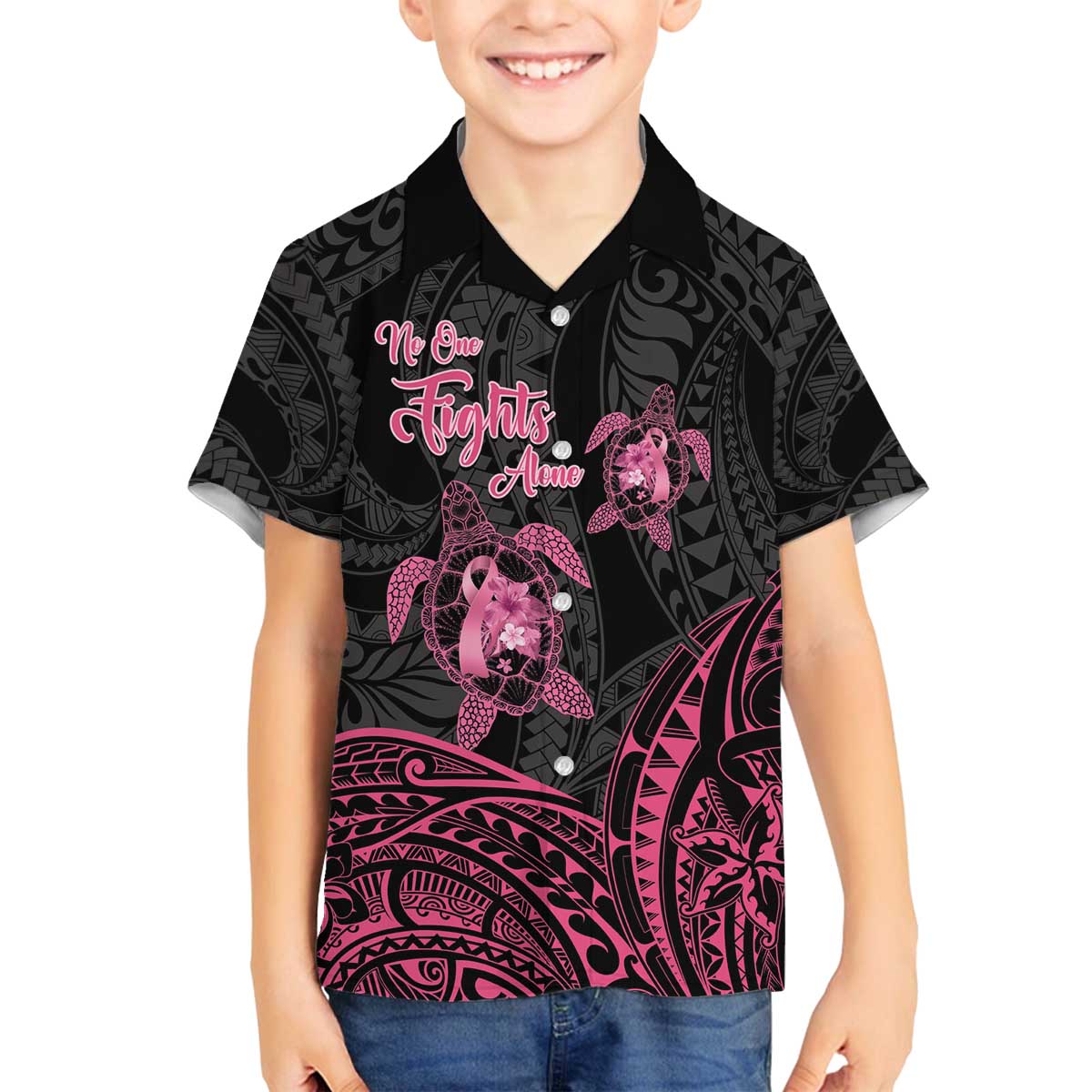 Personalised Polynesia Breast Cancer Awareness Family Matching Puletasi and Hawaiian Shirt No One Fights Alone Turtle Ribbon - Black Version LT14 Son's Shirt Black - Polynesian Pride