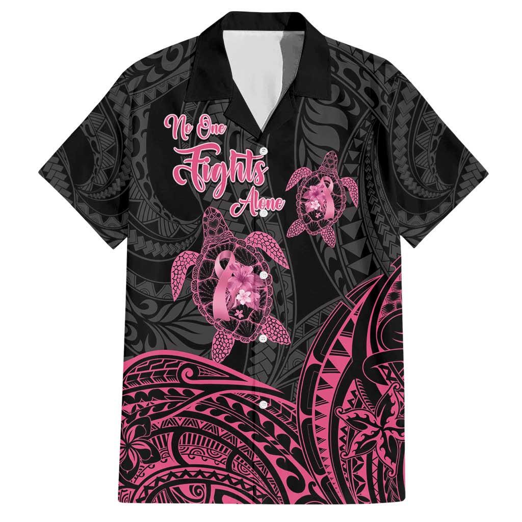 Personalised Polynesia Breast Cancer Awareness Family Matching Short Sleeve Bodycon Dress and Hawaiian Shirt No One Fights Alone Turtle Ribbon - Black Version LT14 Dad's Shirt - Short Sleeve Black - Polynesian Pride