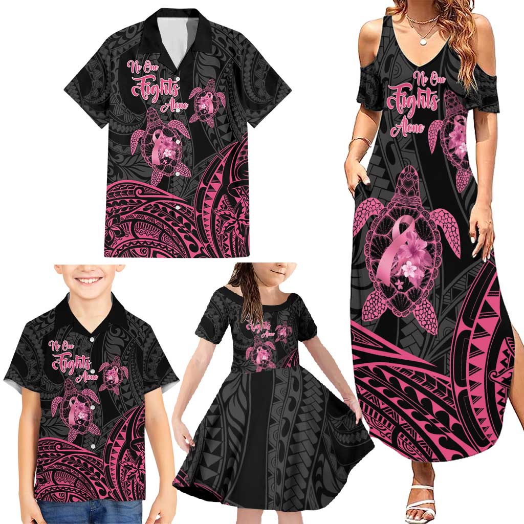 Personalised Polynesia Breast Cancer Awareness Family Matching Summer Maxi Dress and Hawaiian Shirt No One Fights Alone Turtle Ribbon - Black Version