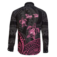 Personalised Polynesia Breast Cancer Awareness Family Matching Tank Maxi Dress and Hawaiian Shirt No One Fights Alone Turtle Ribbon - Black Version