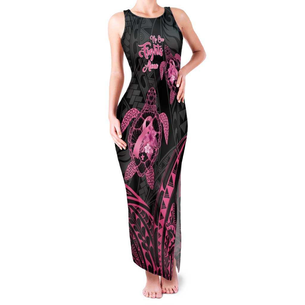 Personalised Polynesia Breast Cancer Awareness Family Matching Tank Maxi Dress and Hawaiian Shirt No One Fights Alone Turtle Ribbon - Black Version