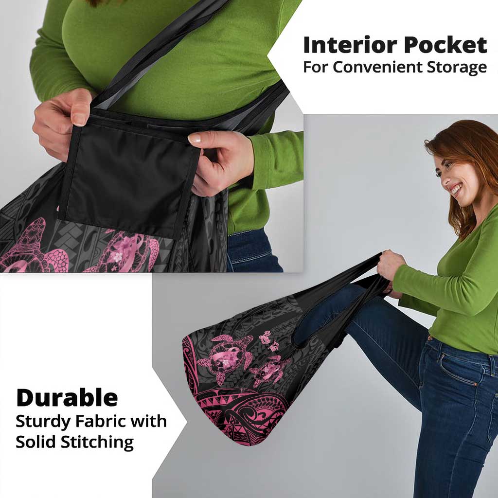 Personalised Polynesia Breast Cancer Awareness Grocery Bag No One Fights Alone Turtle Ribbon - Black Version