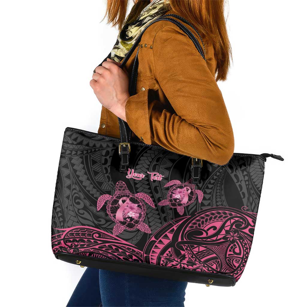 Personalised Polynesia Breast Cancer Awareness Leather Tote Bag No One Fights Alone Turtle Ribbon - Black Version