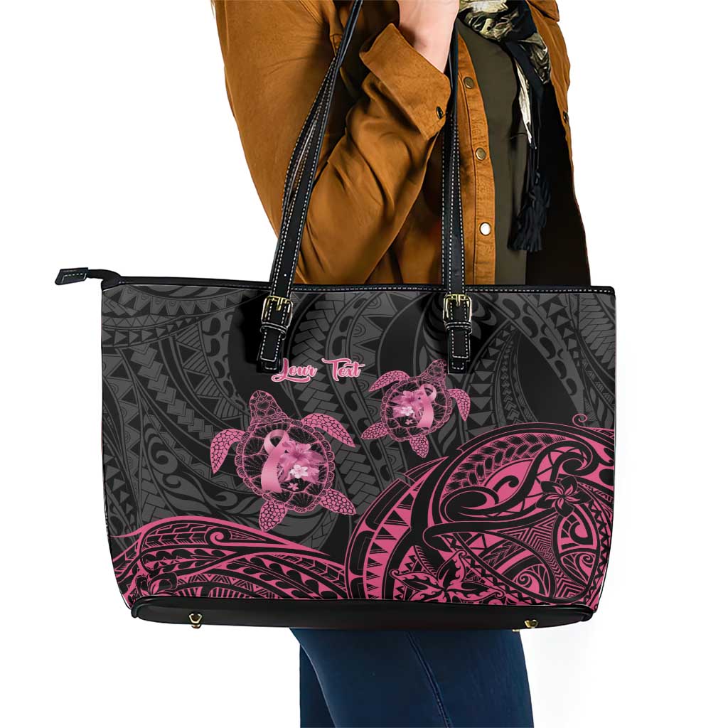 Personalised Polynesia Breast Cancer Awareness Leather Tote Bag No One Fights Alone Turtle Ribbon - Black Version