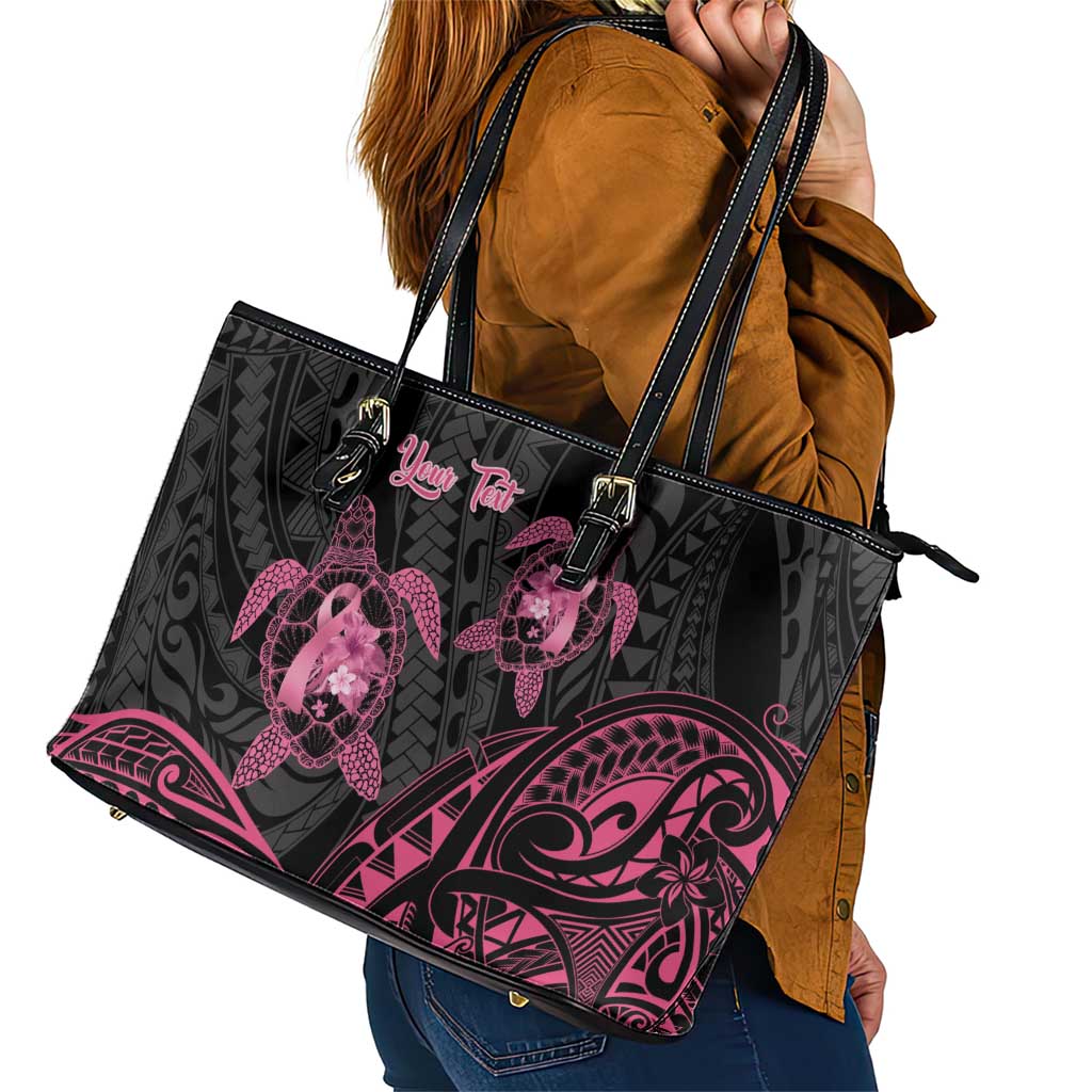 Personalised Polynesia Breast Cancer Awareness Leather Tote Bag No One Fights Alone Turtle Ribbon - Black Version