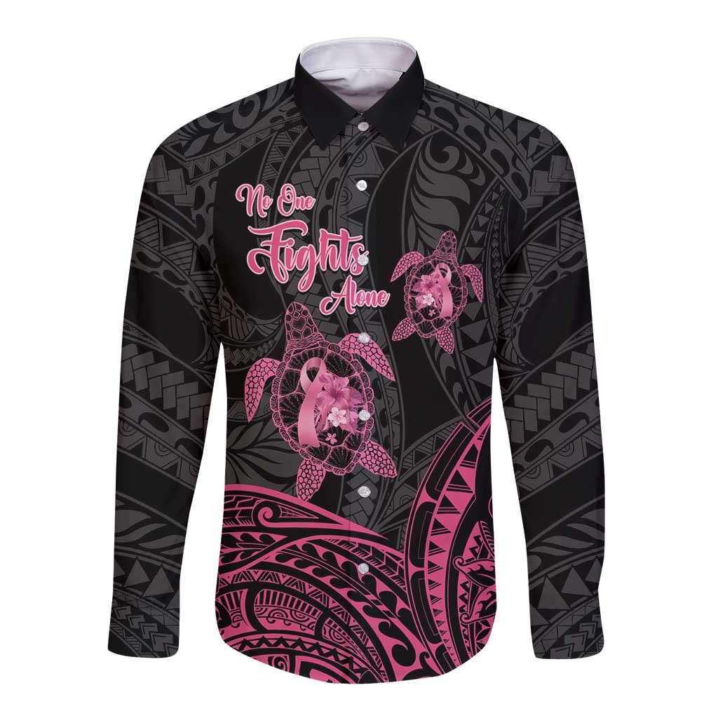 Personalised Polynesia Breast Cancer Awareness Long Sleeve Button Shirt No One Fights Alone Turtle Ribbon - Black Version