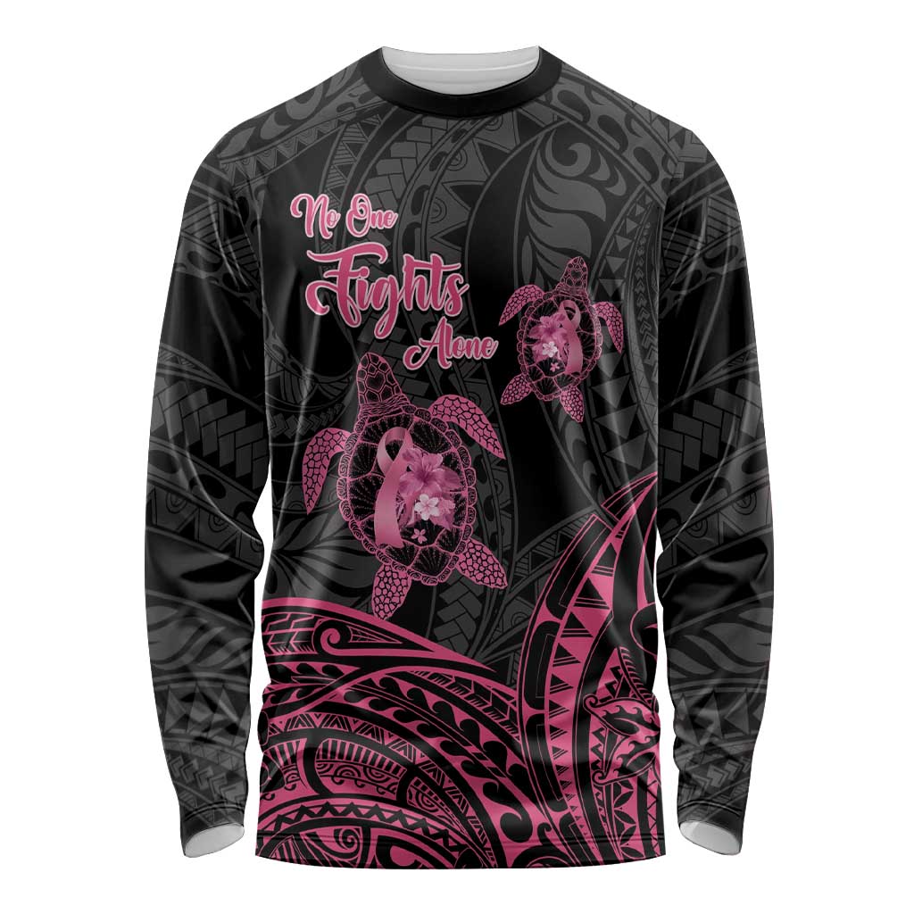 Personalised Polynesia Breast Cancer Awareness Long Sleeve Shirt No One Fights Alone Turtle Ribbon - Black Version