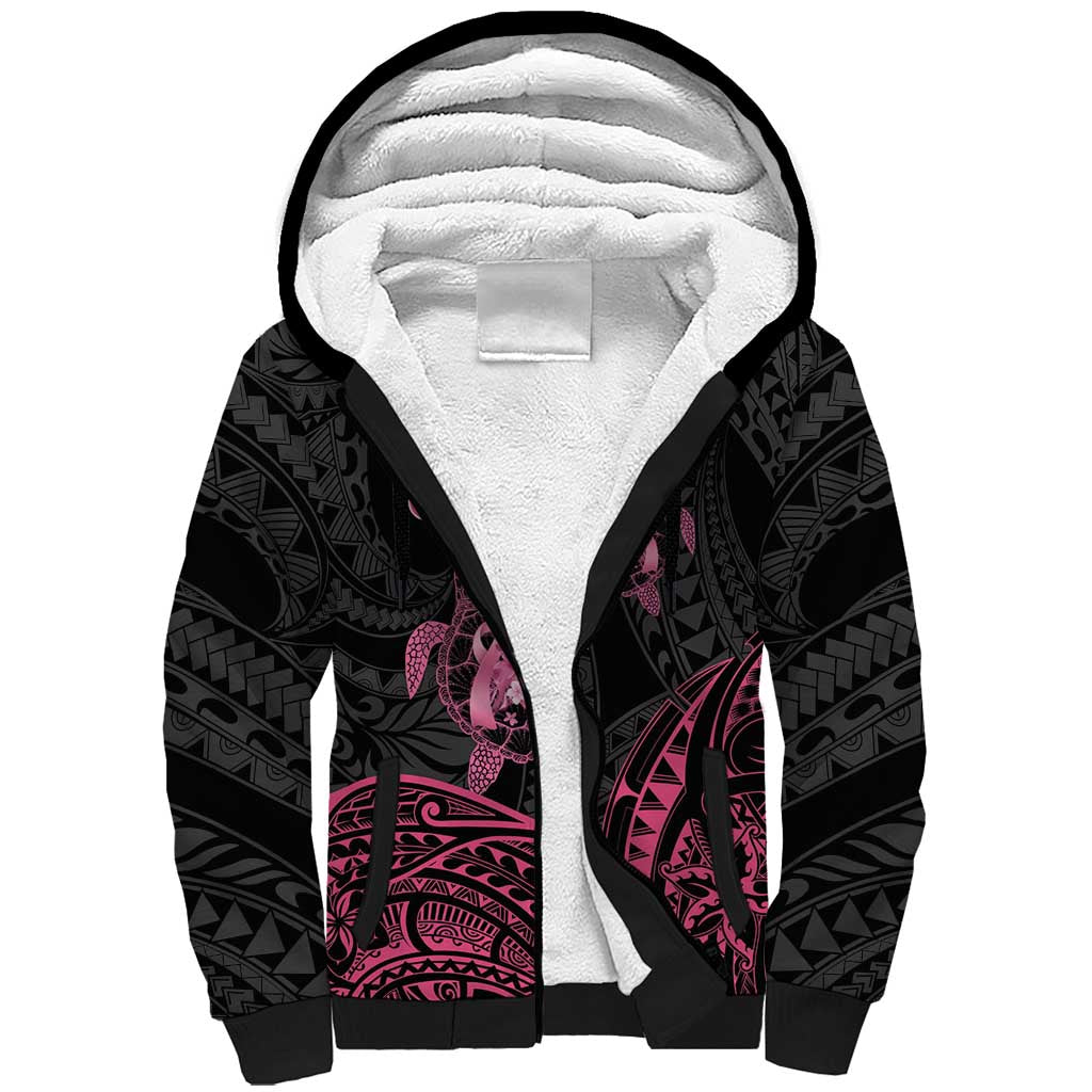 Personalised Polynesia Breast Cancer Awareness Sherpa Hoodie No One Fights Alone Turtle Ribbon - Black Version LT14 Unisex Black - Polynesian Pride