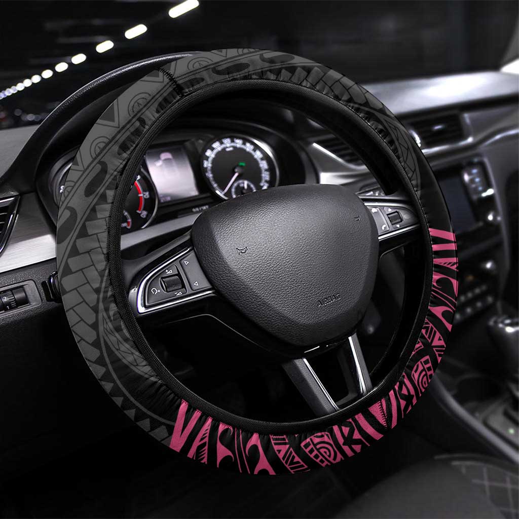 Polynesia Breast Cancer Awareness Steering Wheel Cover No One Fights Alone Turtle Ribbon - Black Version LT14 Universal Fit Black - Polynesian Pride