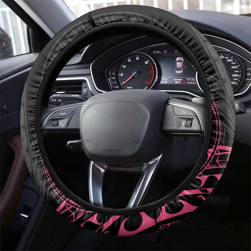 Polynesia Breast Cancer Awareness Steering Wheel Cover No One Fights Alone Turtle Ribbon - Black Version