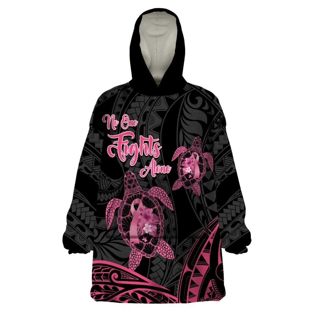 Personalised Polynesia Breast Cancer Awareness Wearable Blanket Hoodie No One Fights Alone Turtle Ribbon - Black Version LT14 One Size Black - Polynesian Pride