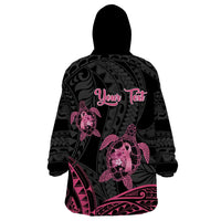 Personalised Polynesia Breast Cancer Awareness Wearable Blanket Hoodie No One Fights Alone Turtle Ribbon - Black Version LT14 - Polynesian Pride