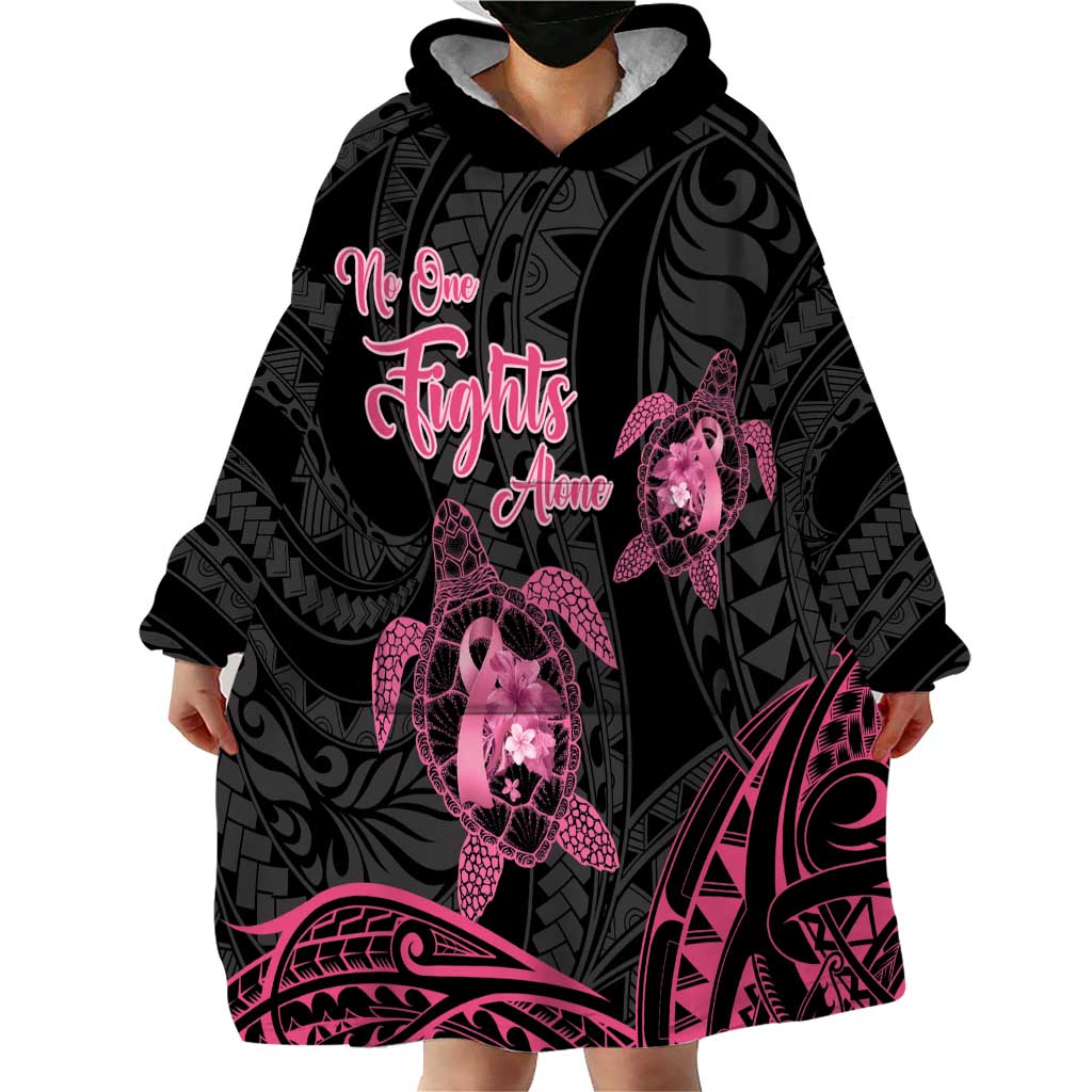 Personalised Polynesia Breast Cancer Awareness Wearable Blanket Hoodie No One Fights Alone Turtle Ribbon - Black Version LT14 - Polynesian Pride
