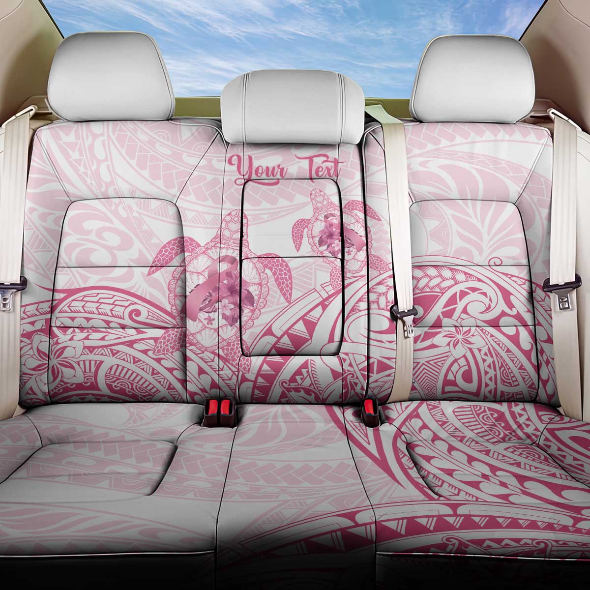 Personalised Polynesia Breast Cancer Awareness Back Car Seat Cover No One Fights Alone Turtle Ribbon - White Version