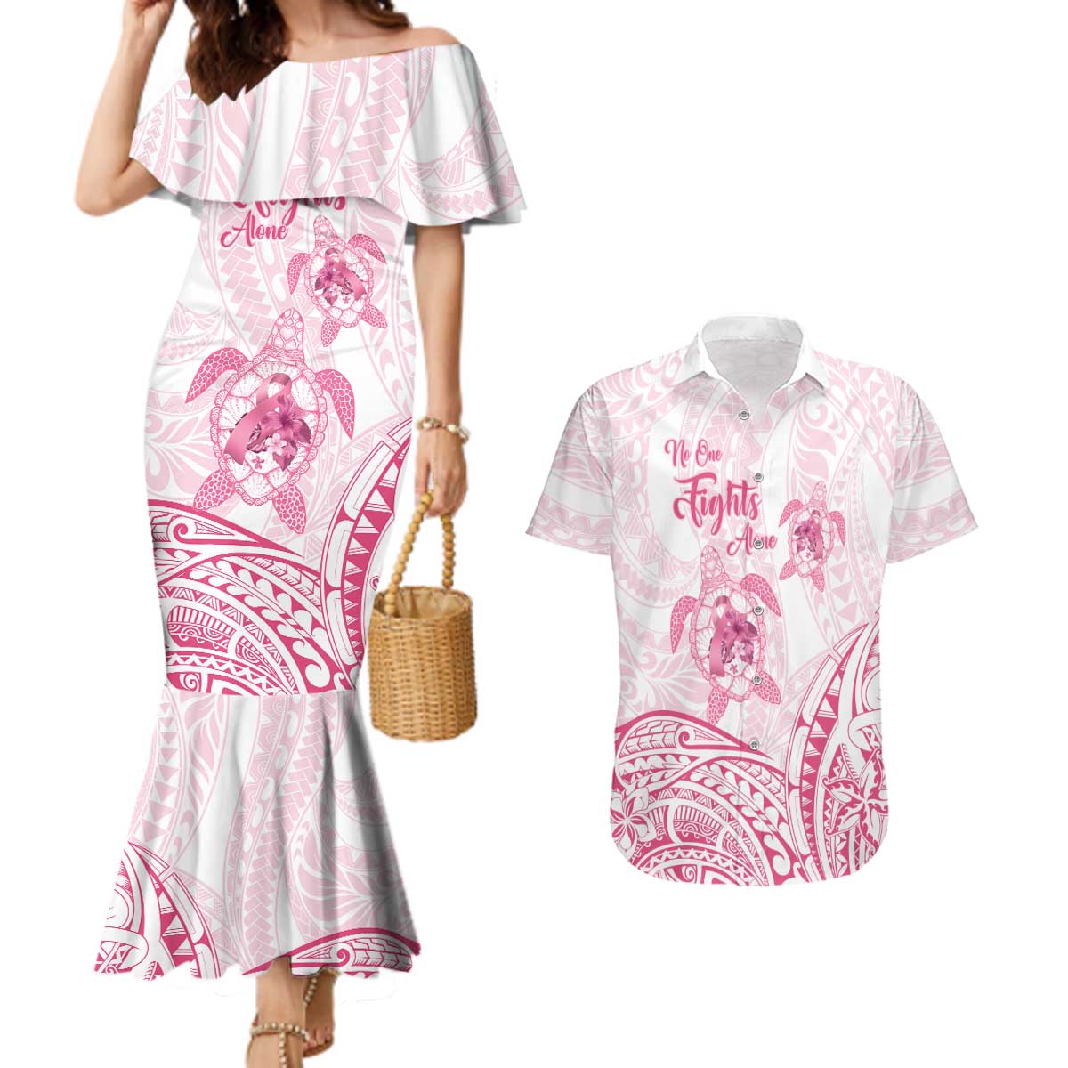 Personalised Polynesia Breast Cancer Awareness Couples Matching Mermaid Dress and Hawaiian Shirt No One Fights Alone Turtle Ribbon - White Version