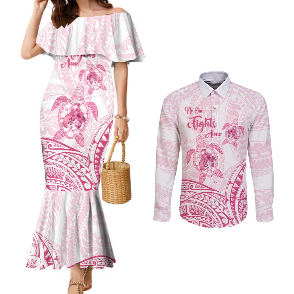Personalised Polynesia Breast Cancer Awareness Couples Matching Mermaid Dress and Long Sleeve Button Shirt No One Fights Alone Turtle Ribbon - White Version LT14 White - Polynesian Pride