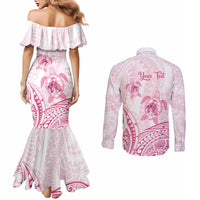 Personalised Polynesia Breast Cancer Awareness Couples Matching Mermaid Dress and Long Sleeve Button Shirt No One Fights Alone Turtle Ribbon - White Version LT14 - Polynesian Pride
