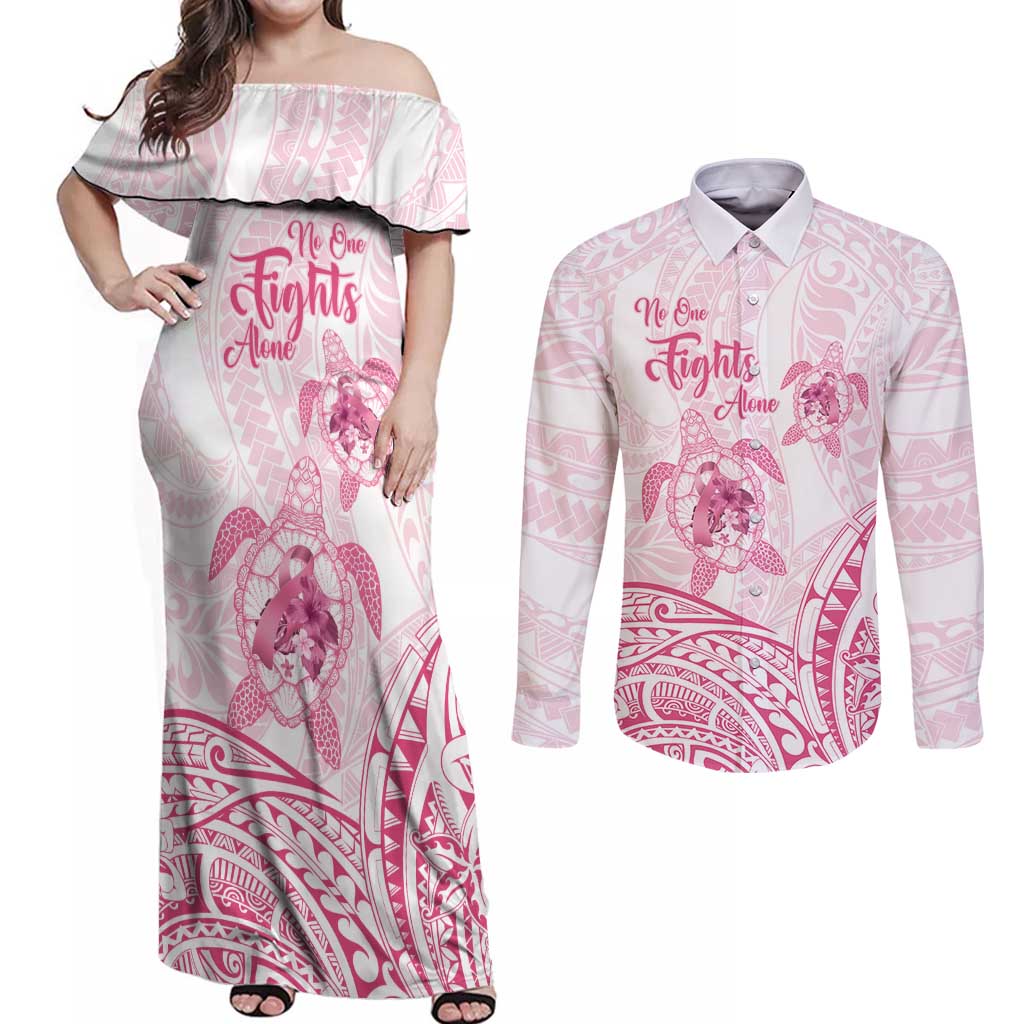 Personalised Polynesia Breast Cancer Awareness Couples Matching Off Shoulder Maxi Dress and Long Sleeve Button Shirt No One Fights Alone Turtle Ribbon - White Version LT14 White - Polynesian Pride