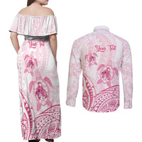 Personalised Polynesia Breast Cancer Awareness Couples Matching Off Shoulder Maxi Dress and Long Sleeve Button Shirt No One Fights Alone Turtle Ribbon - White Version LT14 - Polynesian Pride