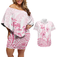 Personalised Polynesia Breast Cancer Awareness Couples Matching Off Shoulder Short Dress and Hawaiian Shirt No One Fights Alone Turtle Ribbon - White Version LT14 White - Polynesian Pride
