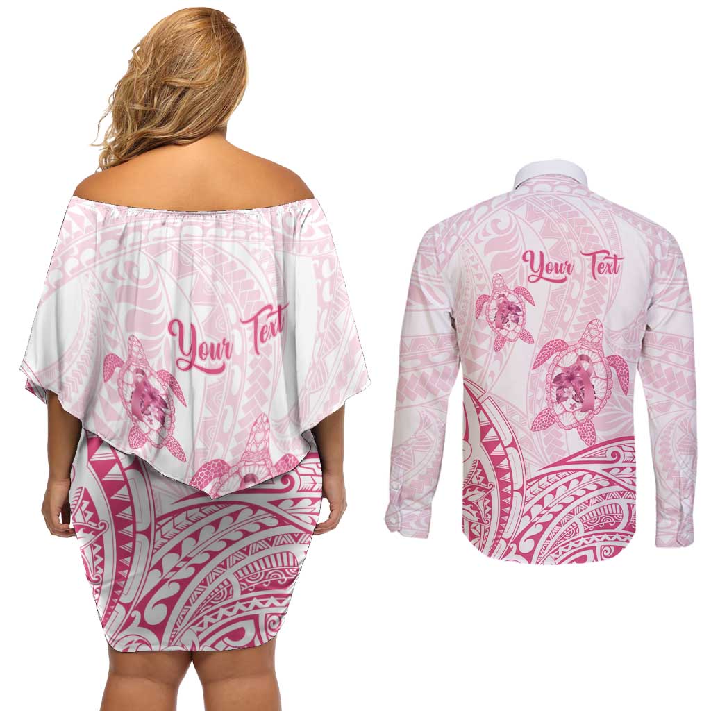 Personalised Polynesia Breast Cancer Awareness Couples Matching Off Shoulder Short Dress and Long Sleeve Button Shirt No One Fights Alone Turtle Ribbon - White Version LT14 - Polynesian Pride