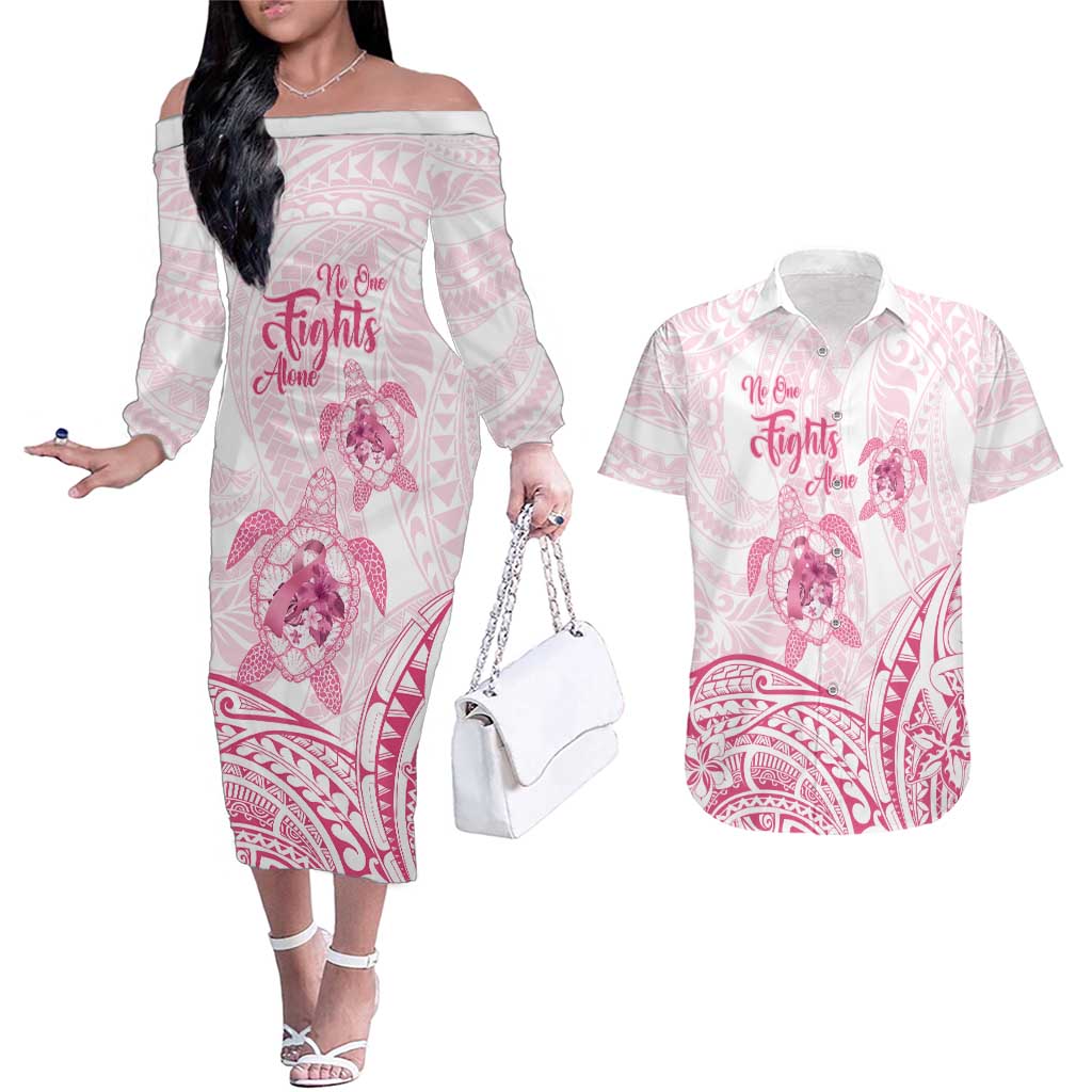 Personalised Polynesia Breast Cancer Awareness Couples Matching Off The Shoulder Long Sleeve Dress and Hawaiian Shirt No One Fights Alone Turtle Ribbon - White Version LT14 White - Polynesian Pride