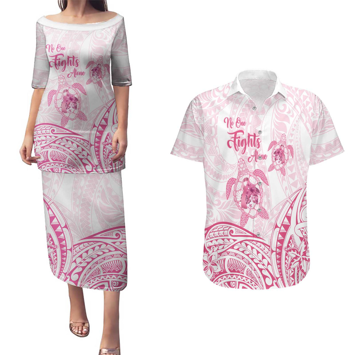 Personalised Polynesia Breast Cancer Awareness Couples Matching Puletasi and Hawaiian Shirt No One Fights Alone Turtle Ribbon - White Version LT14 White - Polynesian Pride