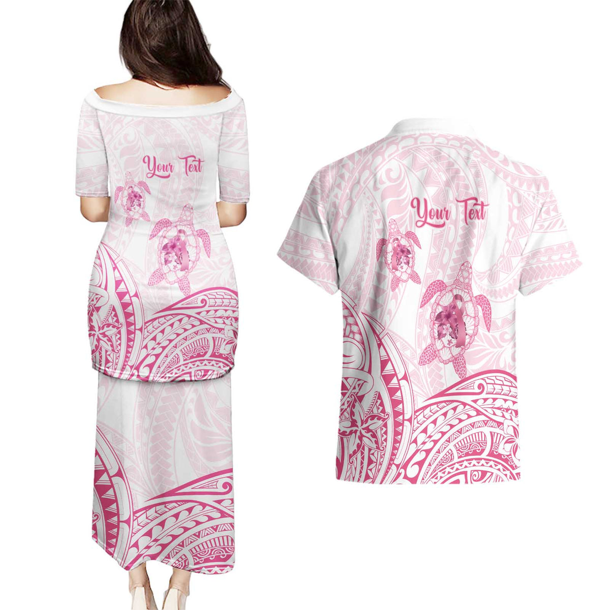 Personalised Polynesia Breast Cancer Awareness Couples Matching Puletasi and Hawaiian Shirt No One Fights Alone Turtle Ribbon - White Version LT14 - Polynesian Pride